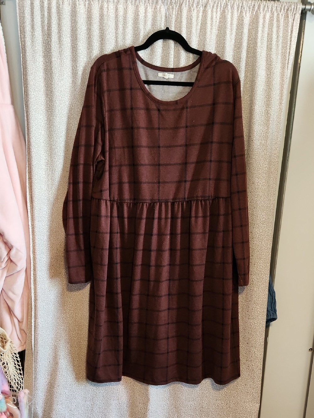 Women's Long Sleeve Burgundy Plaid Babydoll Dress